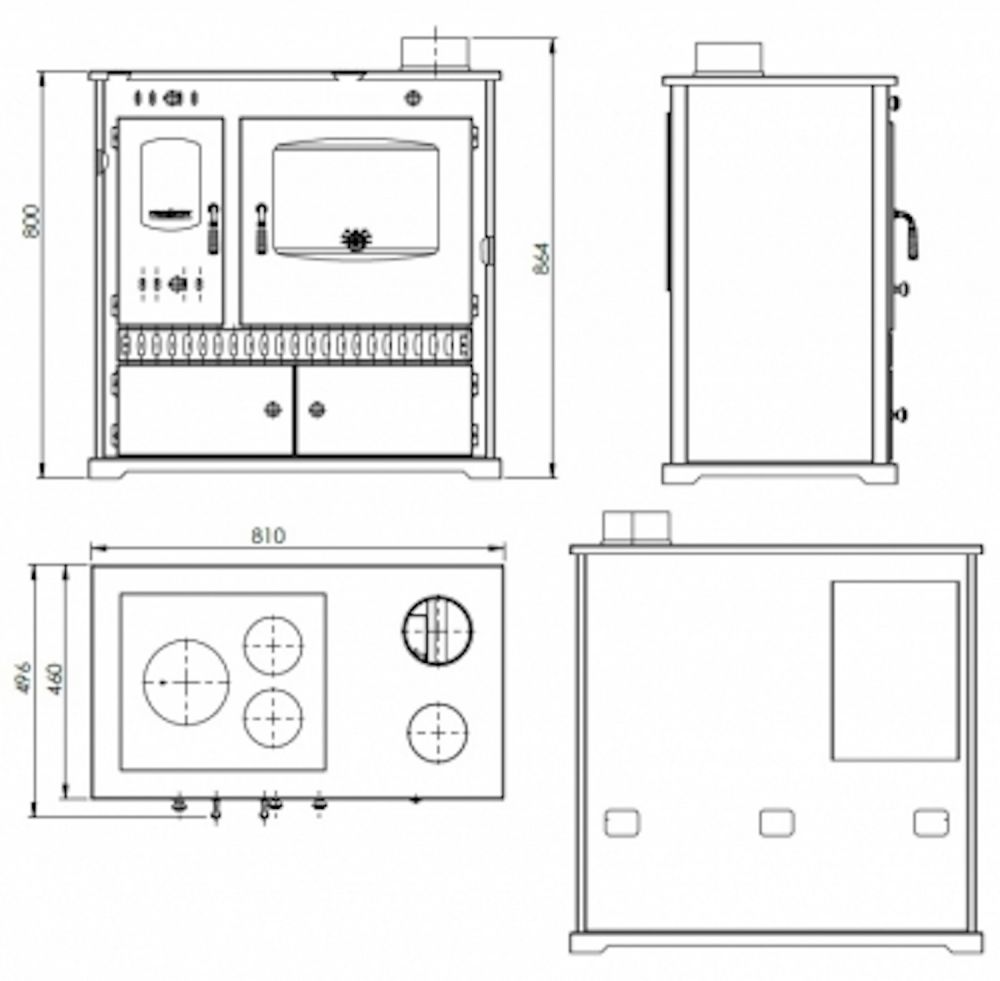 Kaminofen mit Backfach und Herdplatte Perfect Eco Schwarz Rechts Holzofen 7 kW Kamin Ofen Holz Werkstattofen Hüttenofen Heizofen Gartenofen