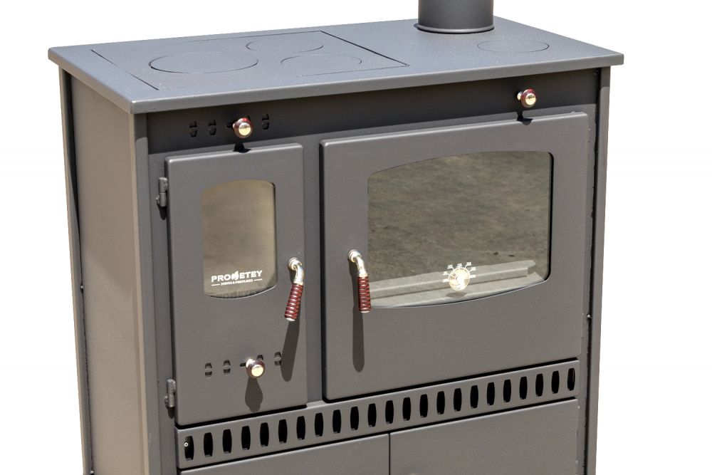 Kaminofen mit Backfach und Herdplatte Perfect Eco Schwarz Rechts Holzofen 7 kW Kamin Ofen Holz Werkstattofen Hüttenofen Heizofen Gartenofen