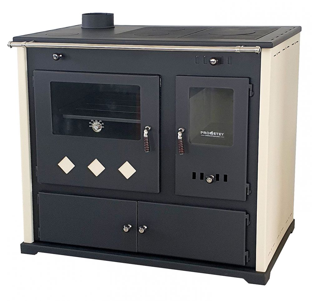 EEK A+ Wood-burning stove with baking compartment and hob Pracktik Lux Beige LEFT Wood-burning stove 9.5 kW Fireplace Wood-burning stove Workshop stove Swedish stove Cottage stove Heating stove