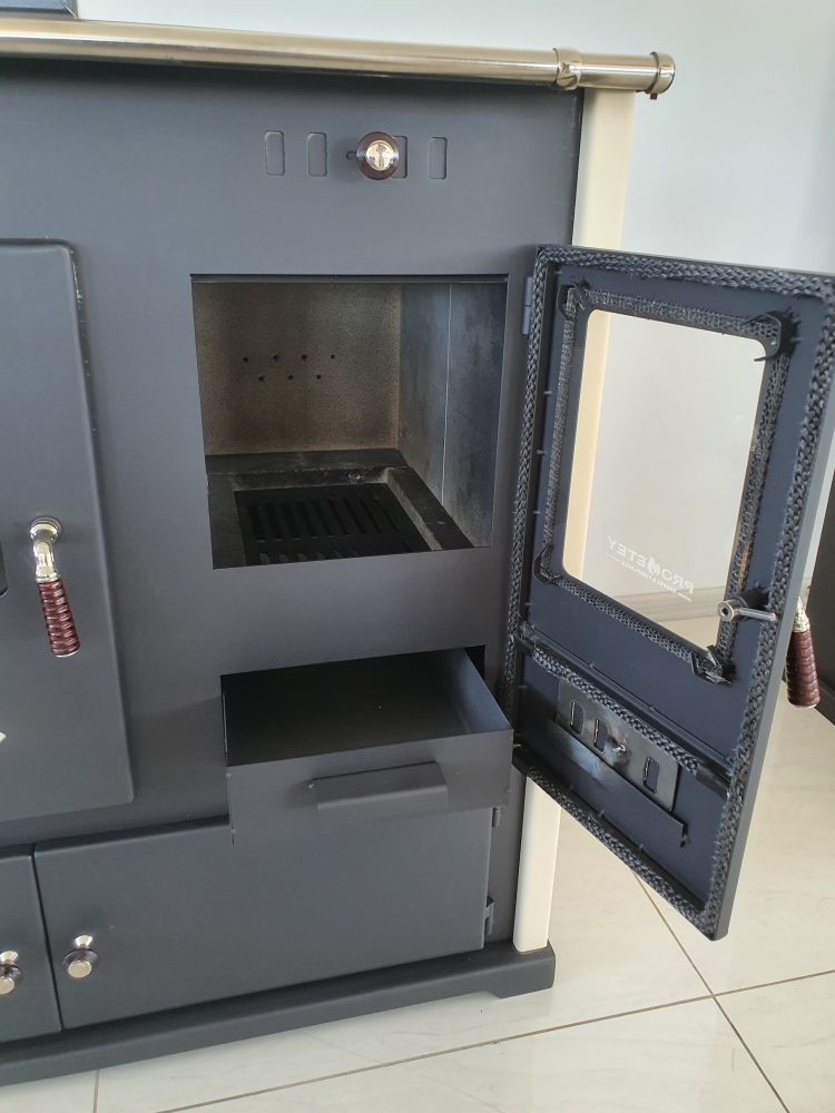 EEK A+ Wood-burning stove with baking compartment and hob Pracktik Lux Beige LEFT Wood-burning stove 9.5 kW Fireplace Wood-burning stove Workshop stove Swedish stove Cottage stove Heating stove