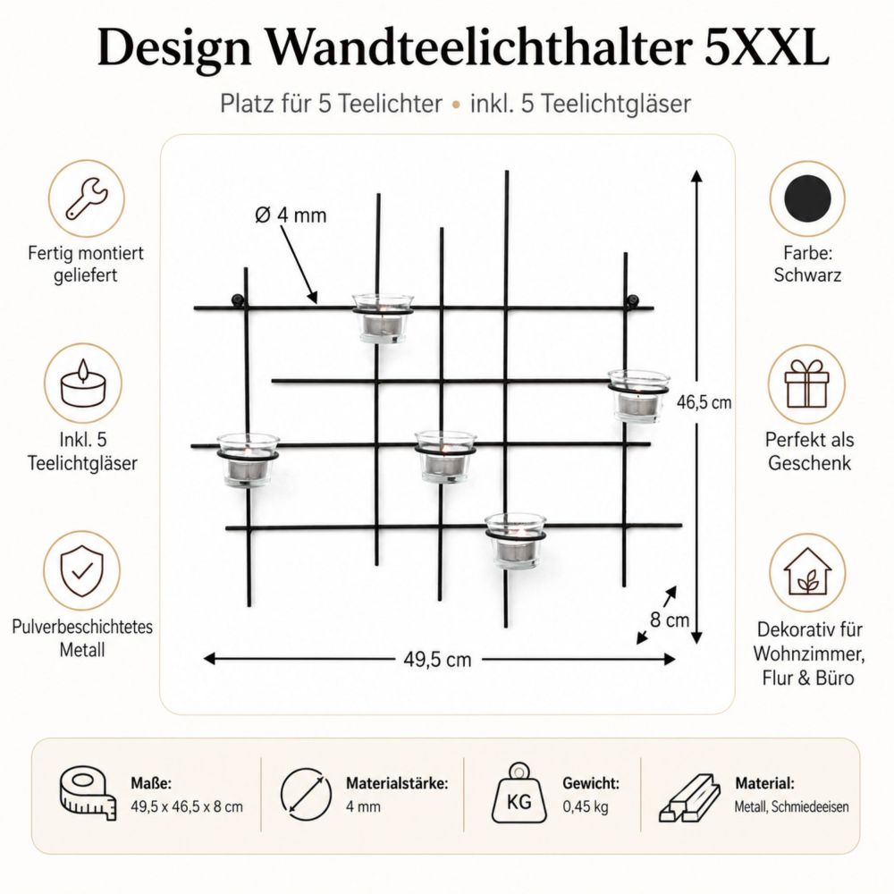 DanDiBo Kerzenhalter Wand Metall Schwarz Wandteelichthalter 50 cm 5XXL Wandkerzenhalter Kerzenhalter Teelichthalter Wandleuchter