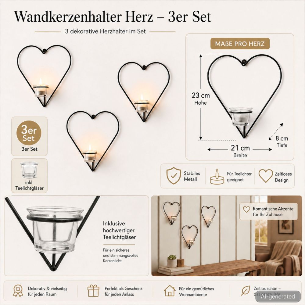 DanDiBo Kerzenhalter Wand Metall Schwarz Wandteelichthalter 96765 Herz 3 er Wandkerzenhalter Kerzenhalter Teelichthalter Wandleuchter