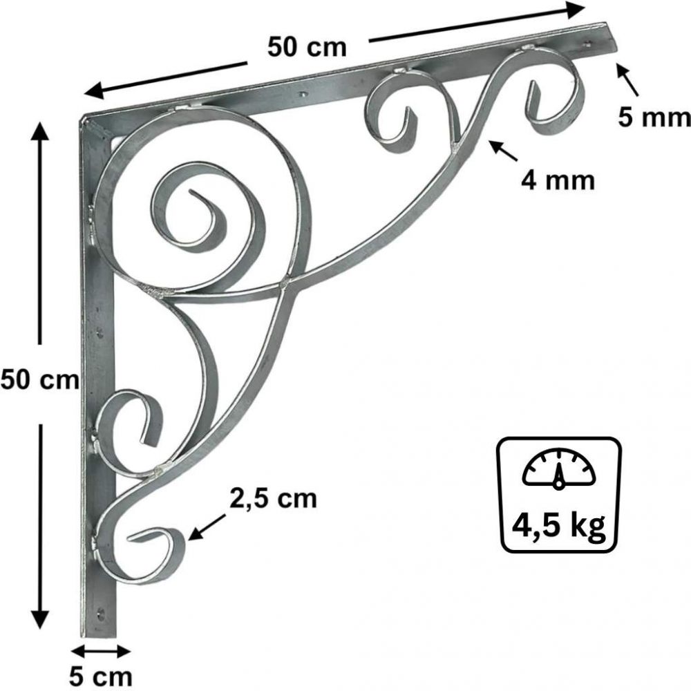 DanDiBo Bracket 50x50 cm Head Braces Wrought Iron 96420 Metal Hot-Dip Galvanized Angle Connector Angle Bracket Wall Bracket Shelf Support