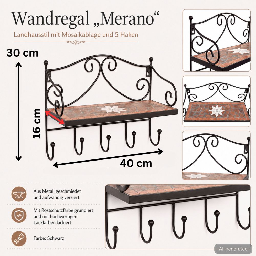 DanDiBo Küchenregal Wand Hängeregal Metall 40cm Mosaik 050550 Wandregal Küche Regal Küchenwandregal mit Haken