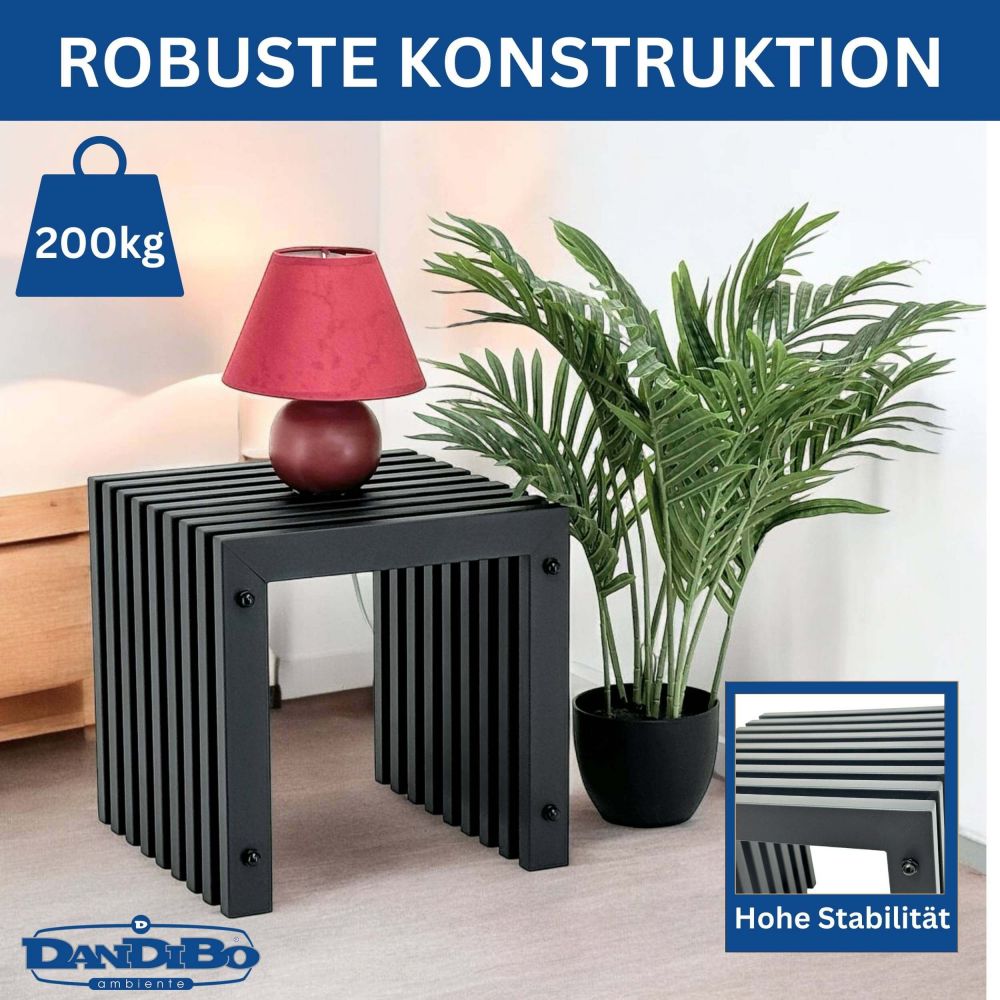 DanDiBo Lamellenhocker Hocker Metall Schwarz Eckig BASE Massiv 32 cm Modern Beistelltisch Lamellen