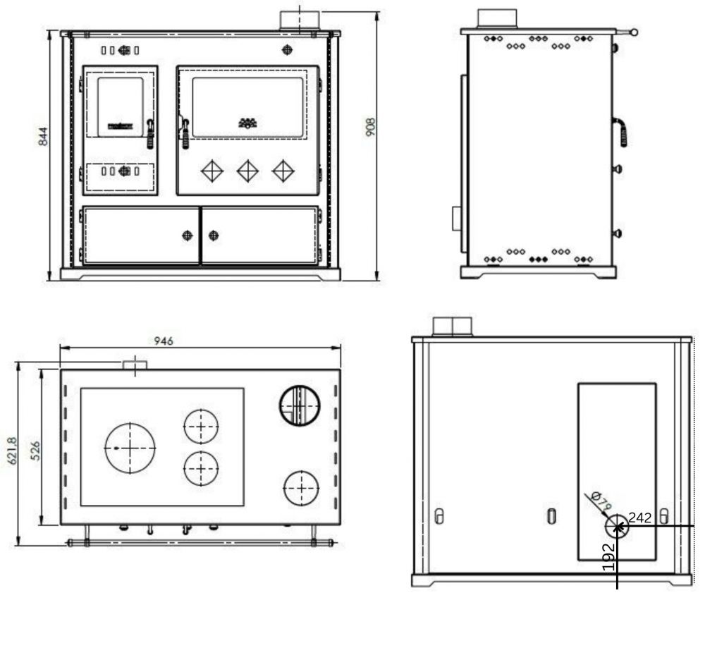 EEK A+ Wood-burning stove with baking compartment and hob Pracktik Lux Anthracite RAL 7016 RIGHT Wood-burning stove 9.5 kW Wood-burning stove Permanent wood-burning stove Workshop stove Swedish stove Cottage stove Heating stove