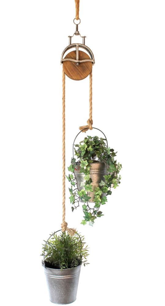 Metal bucket with pulley decoration set silver grey MB27 rope decoration plant pot plants flower pot bucket rope winch water bucket
