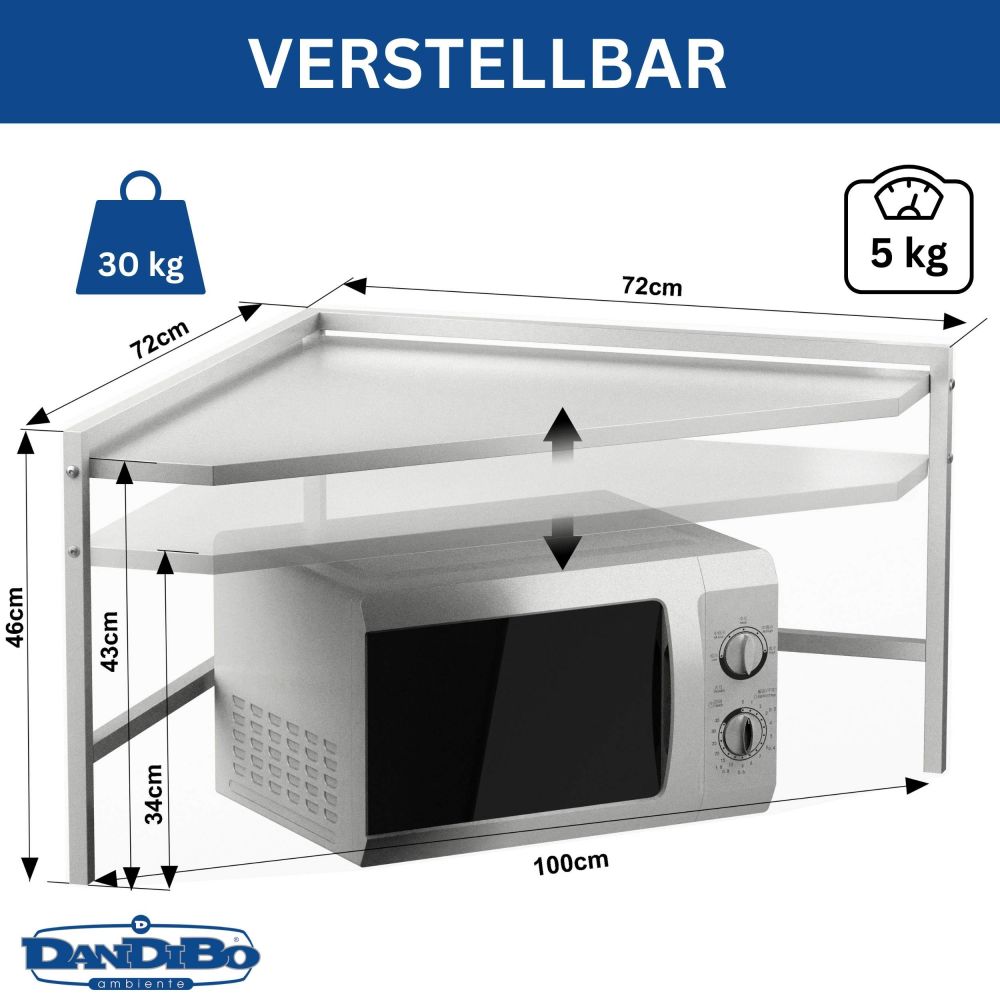 DanDiBo Mikrowellenregal Eckregal Küche Stehend Arbeitsplatte 72x72 cm Weiß 2 Stufig 96689 Mikrowellen Regal Küchenregal Microwave Shelf