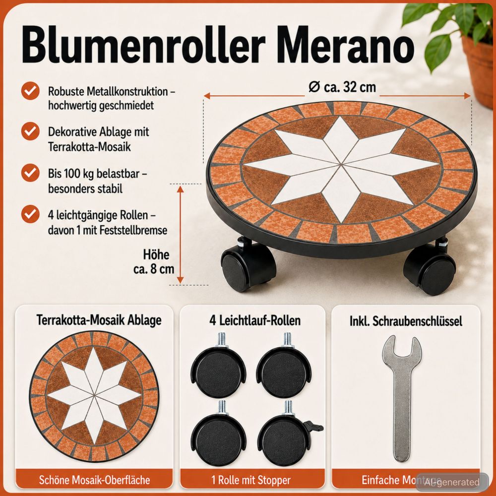 DanDiBo Pflanzenroller Outdoor Wetterfest Rund 30cm Mosaik Merano 12025 Blumenroller Blumenständer Planzenständer