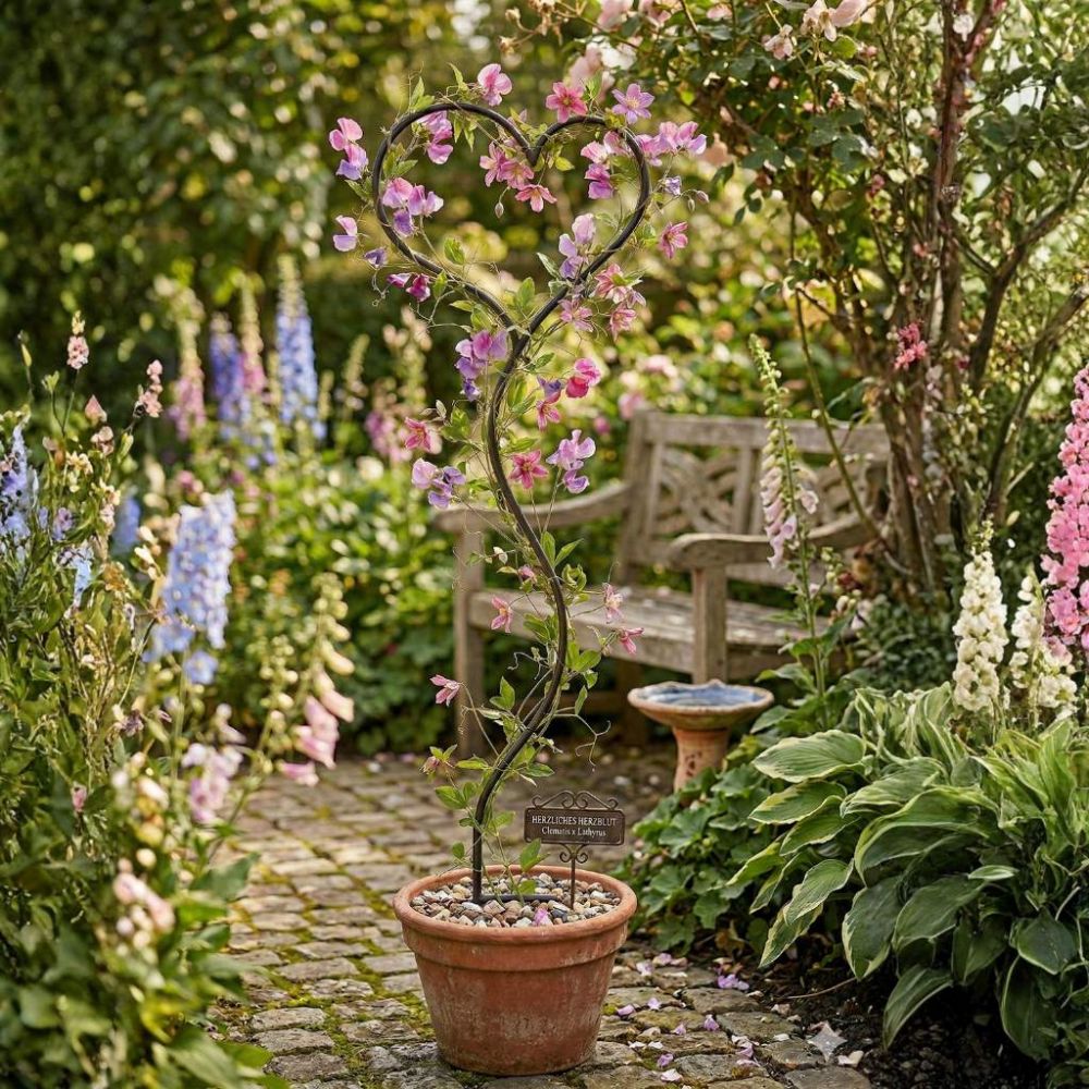 DanDiBo Rankhilfe Kletterhilfe Metall 150 cm Bodenstecker Herz Gartenstecker Rankgitter Kletterpflanzen Blumenhalter Ranksäule Garten Blumen Herzstecker