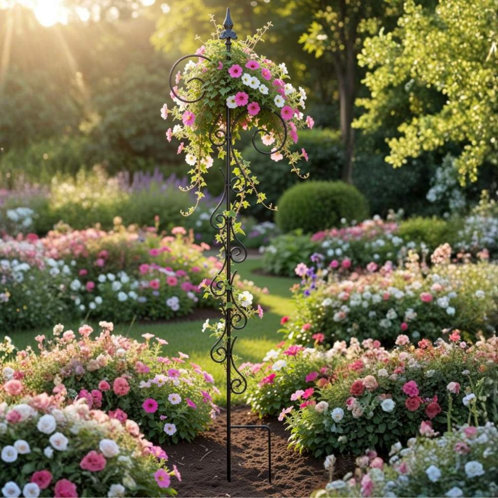 DanDiBo Rankhilfe Rankgitter Metall 145 cm Kletterhilfe Pflanzengitter Kletterpflanzen Erdspieß Bodenstecker 2 Halter Blumenhalter Ranksäule