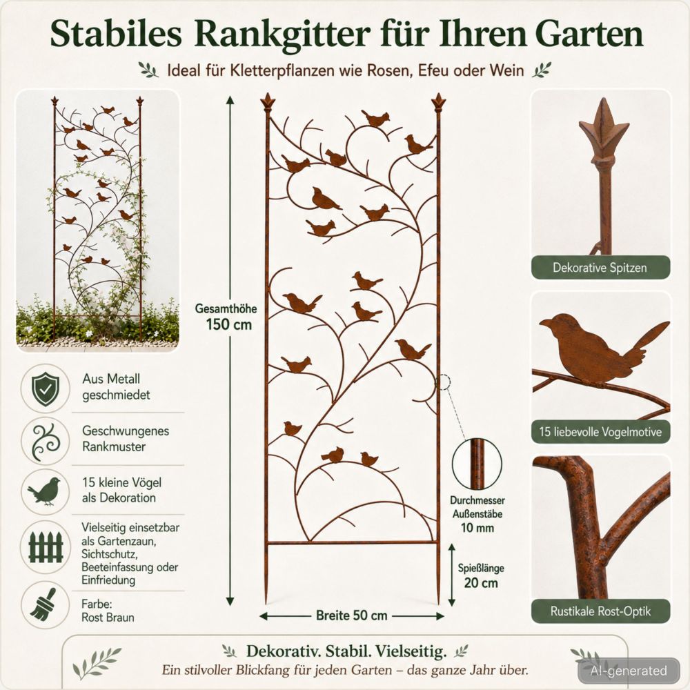 DanDiBo Metal Garden Trellis 150 cm Birds 120705 Climbing Plant Support Plant Trellis Ground Stake Flower Holder Climbing Column