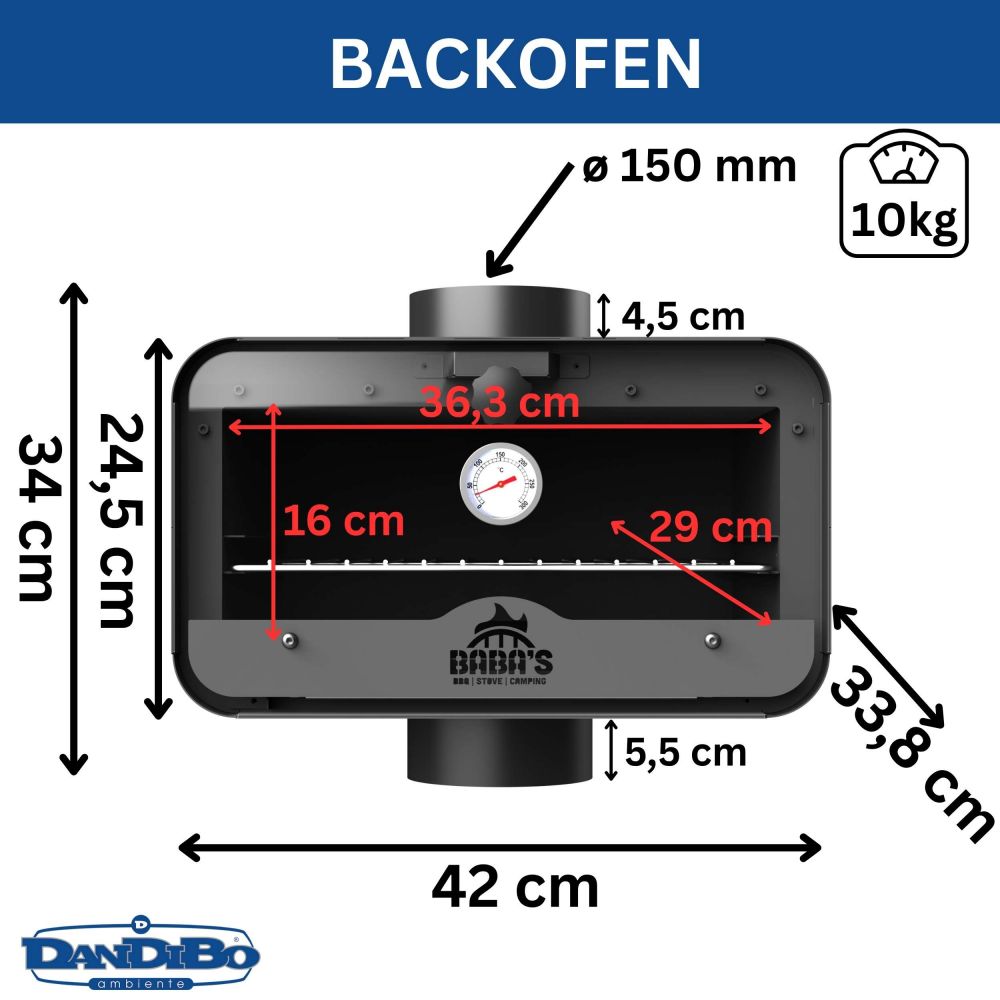Babas Flue Pipe Oven Wood Stove Top Oven Attachment 150 mm Universal for Wood or Fireplace Stoves with Built-in Thermometer