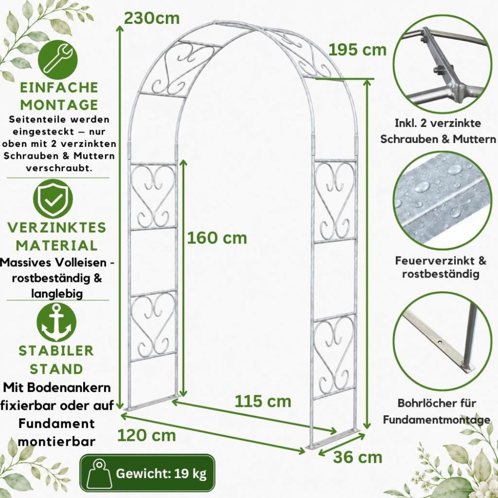 DanDiBo Rose Arch Made of Metal, Stable Galvanized, 120 cm Wide, Climbing Arch 96521, Garden Arch, Archway, Round Arch, Plant Arch, Solid Hot-Dip Galvanized Garden Metal, Weatherproof Solid Iron