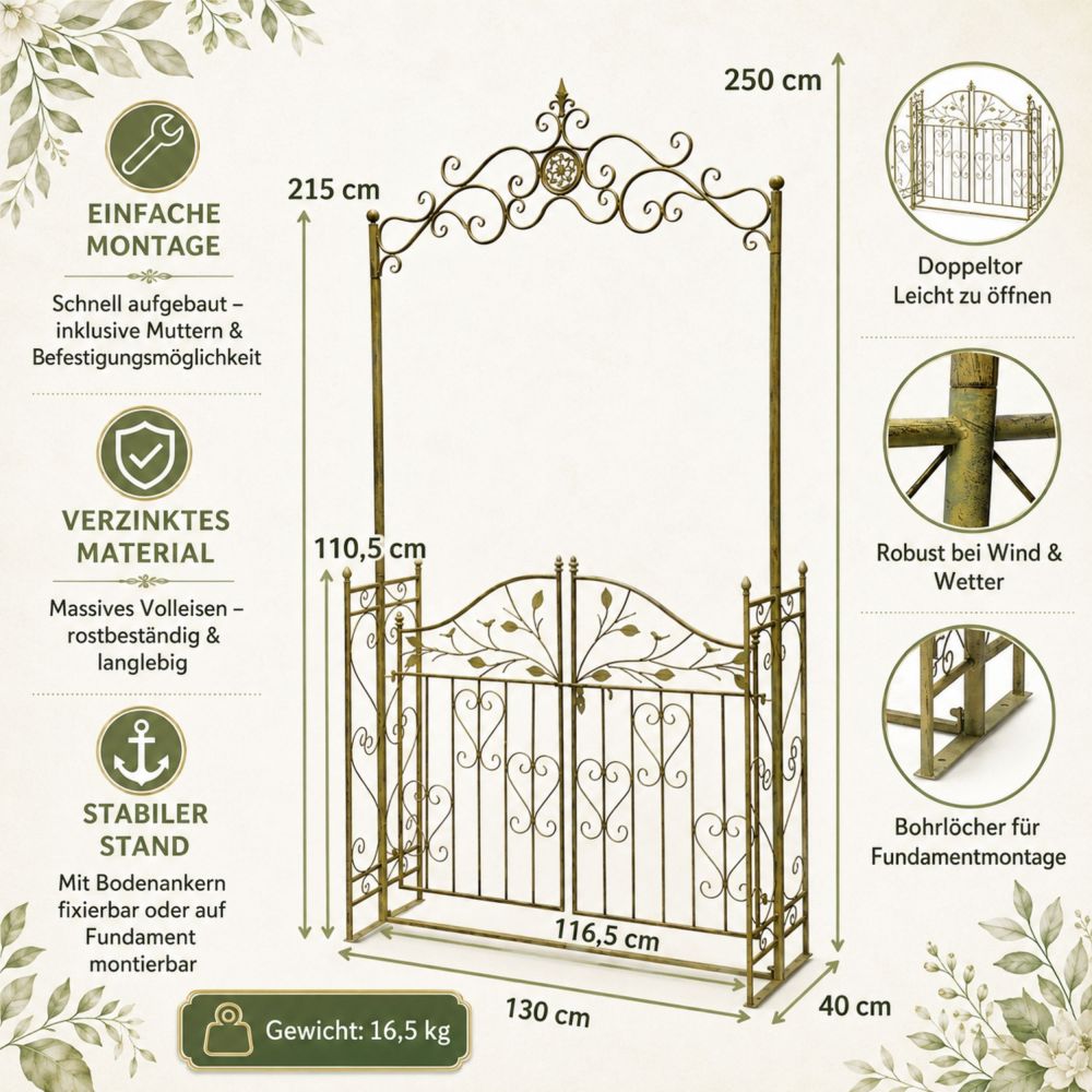 DanDiBo Metal Rose Arch with Gate, Sturdy, 130 cm Wide, Climbing Plant Arch 93997, Garden Arch, Gate Arch, Round Arch, Heavy-Duty, Weather-Resistant