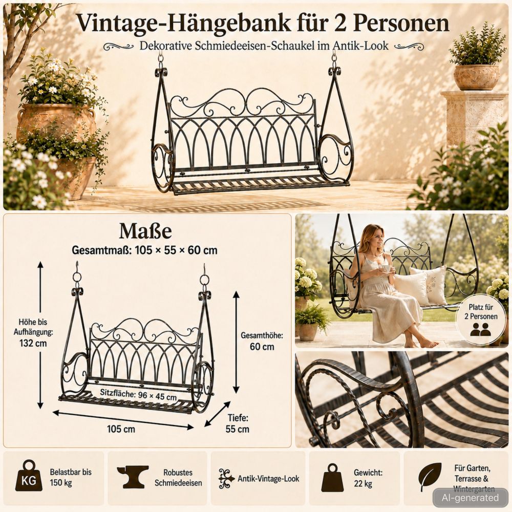 DanDiBo Outdoor Hanging Swing Bench for 2 People, Garden Swing without Frame, Model 1868, Metal Hanging Bench with Chain, Weather-Resistant