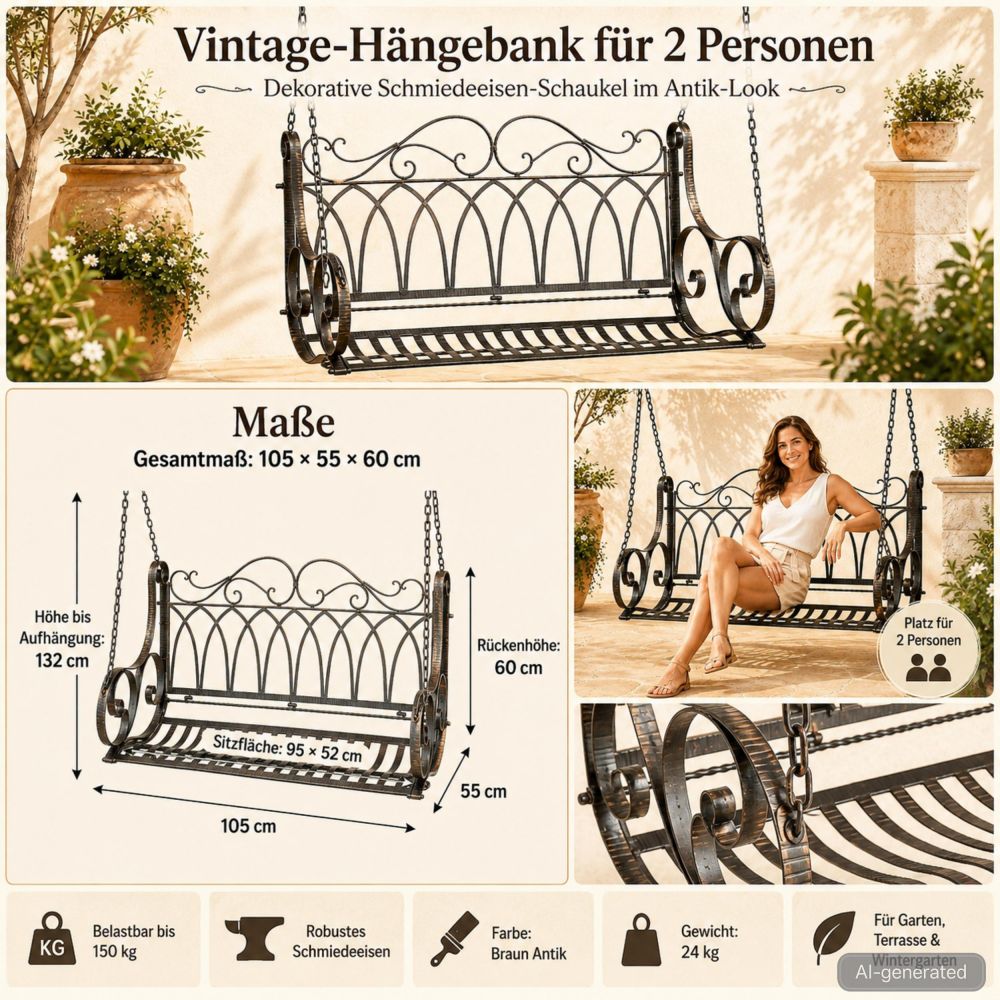 DanDiBo Schaukelbank Outdoor zum Hängen 2 Sitzer Hollywoodschaukel ohne Gestell 18688 Garden Swing Hängebank Metall mit Kette Gartenschaukel Wetterfest