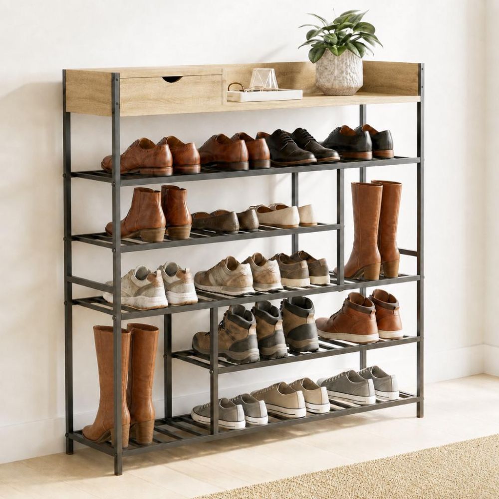 DanDiBo Schuhregal Platzsparend Metall Schwarz Modern 6 Etagen 100 cm mit Ablage 96701 Schuhständer mit Stauraum Schuhablage Schuhaufbewahrung Regal Shoe Rack