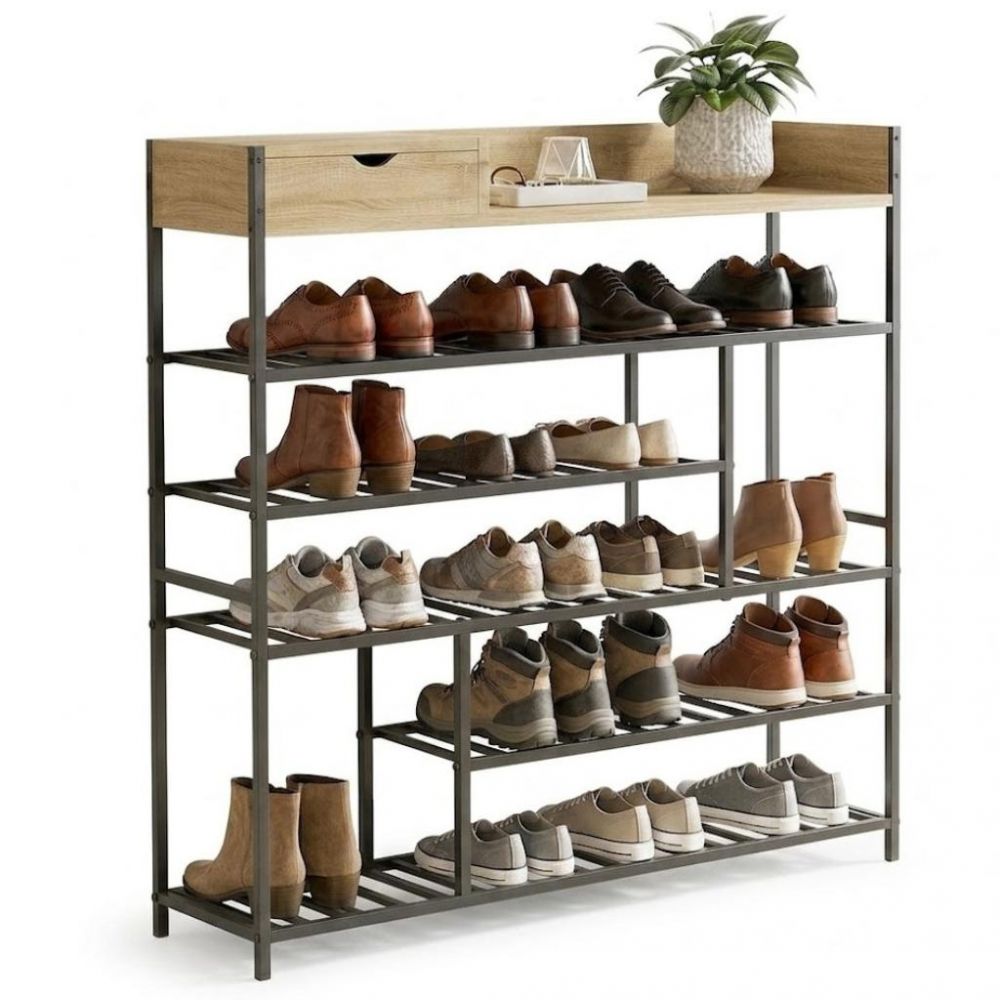 DanDiBo Schuhregal Platzsparend Metall Schwarz Modern 6 Etagen 100 cm mit Ablage 96701 Schuhständer mit Stauraum Schuhablage Schuhaufbewahrung Regal Shoe Rack