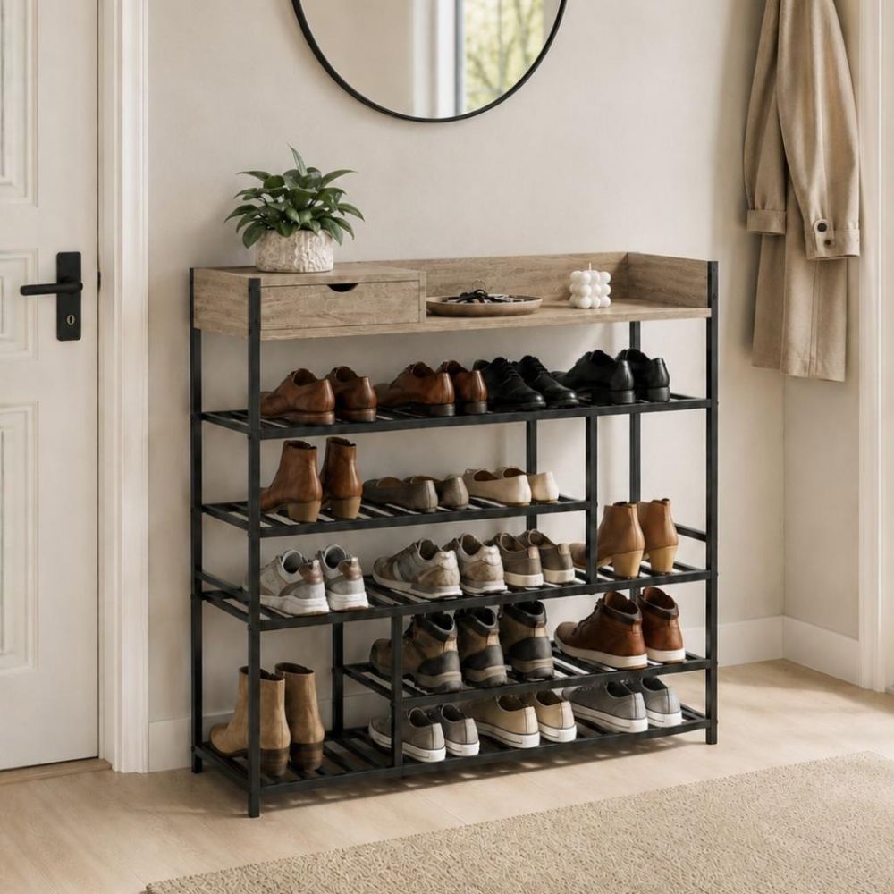 DanDiBo Schuhregal Platzsparend Metall Schwarz Modern 6 Etagen 100 cm mit Ablage 96701 Schuhständer mit Stauraum Schuhablage Schuhaufbewahrung Regal Shoe Rack