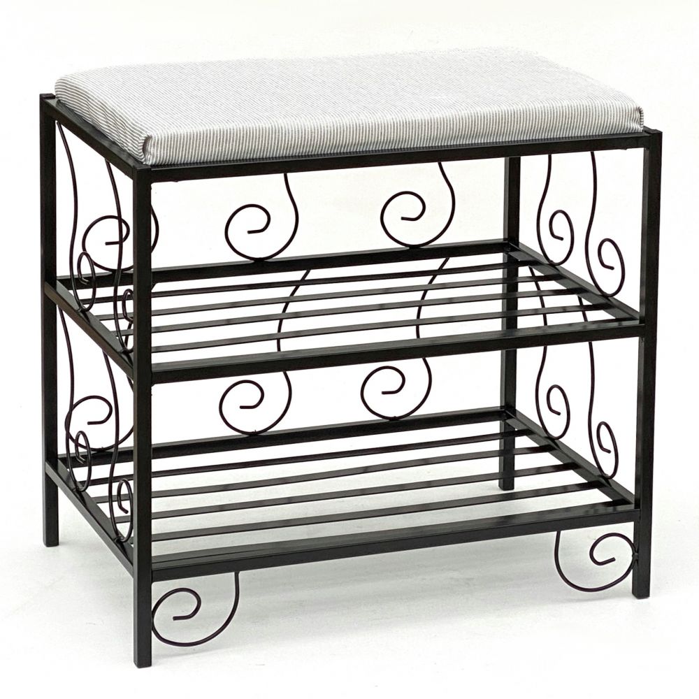 Schuhregal mit Sitzbank. Aus Metall geschmiedet und aufwändig verziert