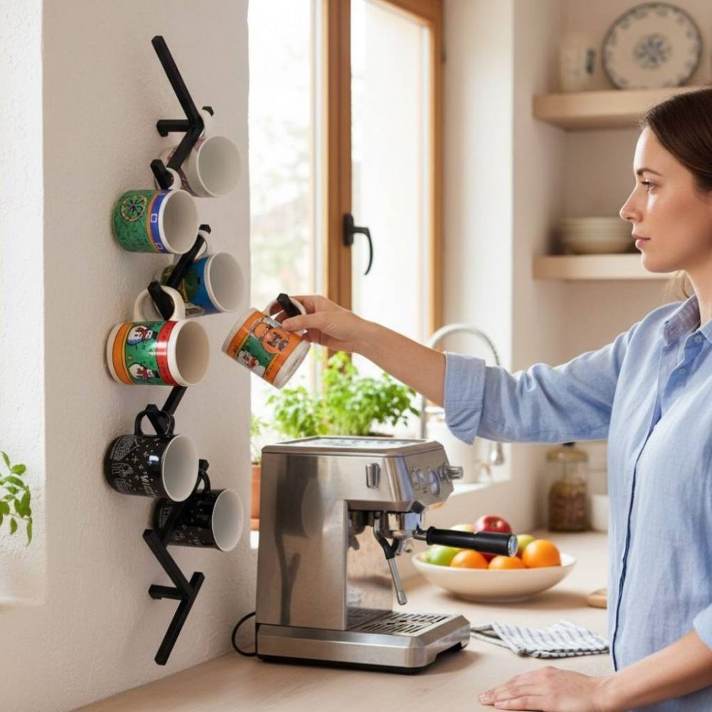 DanDiBo Wall Mug Holder Mug Rack Cup Stand 10 Hooks Black Metal 96280 Mug Organizer Storage Coffee Cup Rack Dish Towel Holder Kitchen