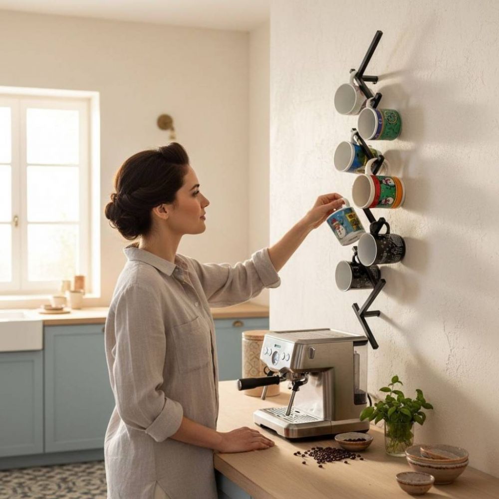 DanDiBo Wall Mug Holder Mug Rack Cup Stand 10 Hooks Black Metal 96280 Mug Organizer Storage Coffee Cup Rack Dish Towel Holder Kitchen