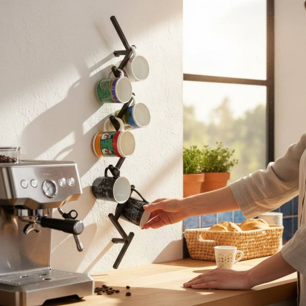 DanDiBo Wall Mug Holder Mug Rack Cup Stand 10 Hooks Black Metal 96280 Mug Organizer Storage Coffee Cup Rack Dish Towel Holder Kitchen