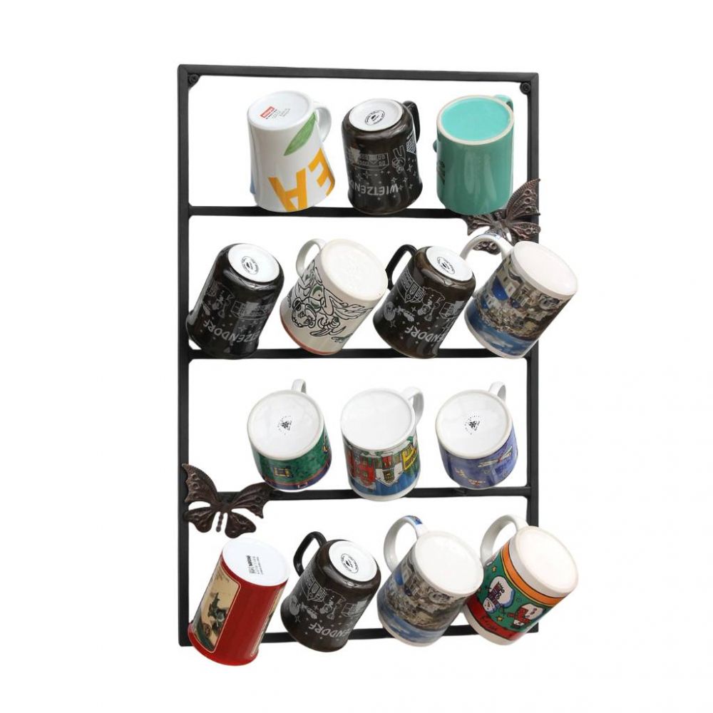 DanDiBo Wall Mug Holder Mug Rack Cup Stand 14 Hooks Black Metal 93850 Mug Shelf Organizer Storage Coffee Cup Rack