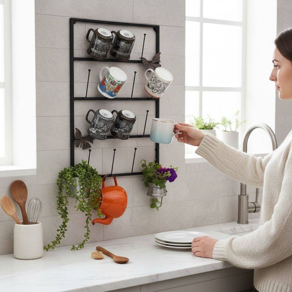 DanDiBo Wall Mug Holder Mug Rack Cup Stand 14 Hooks Black Metal 93850 Mug Shelf Organizer Storage Coffee Cup Rack