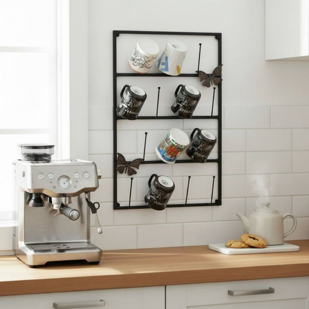 DanDiBo Wall Mug Holder Mug Rack Cup Stand 14 Hooks Black Metal 93850 Mug Shelf Organizer Storage Coffee Cup Rack