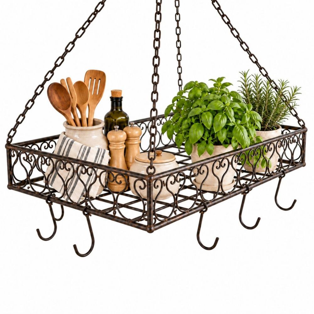 DanDiBo Topfhänger Deckenregal Hängekorb Braun Cocina 65 cm Hängeregal Wurstkrone Korb Küche Regal Küchenkrone