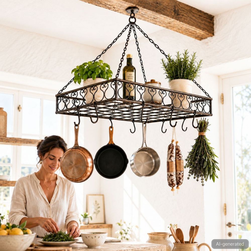 DanDiBo Topfhänger Deckenregal Hängekorb Braun Cocina 65 cm Hängeregal Wurstkrone Korb Küche Regal Küchenkrone