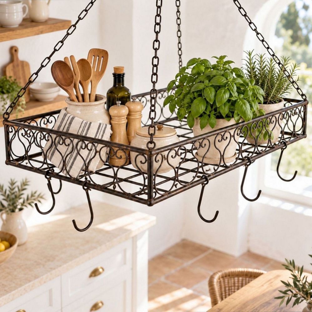 DanDiBo Topfhänger Deckenregal Hängekorb Braun Cocina 65 cm Hängeregal Wurstkrone Korb Küche Regal Küchenkrone