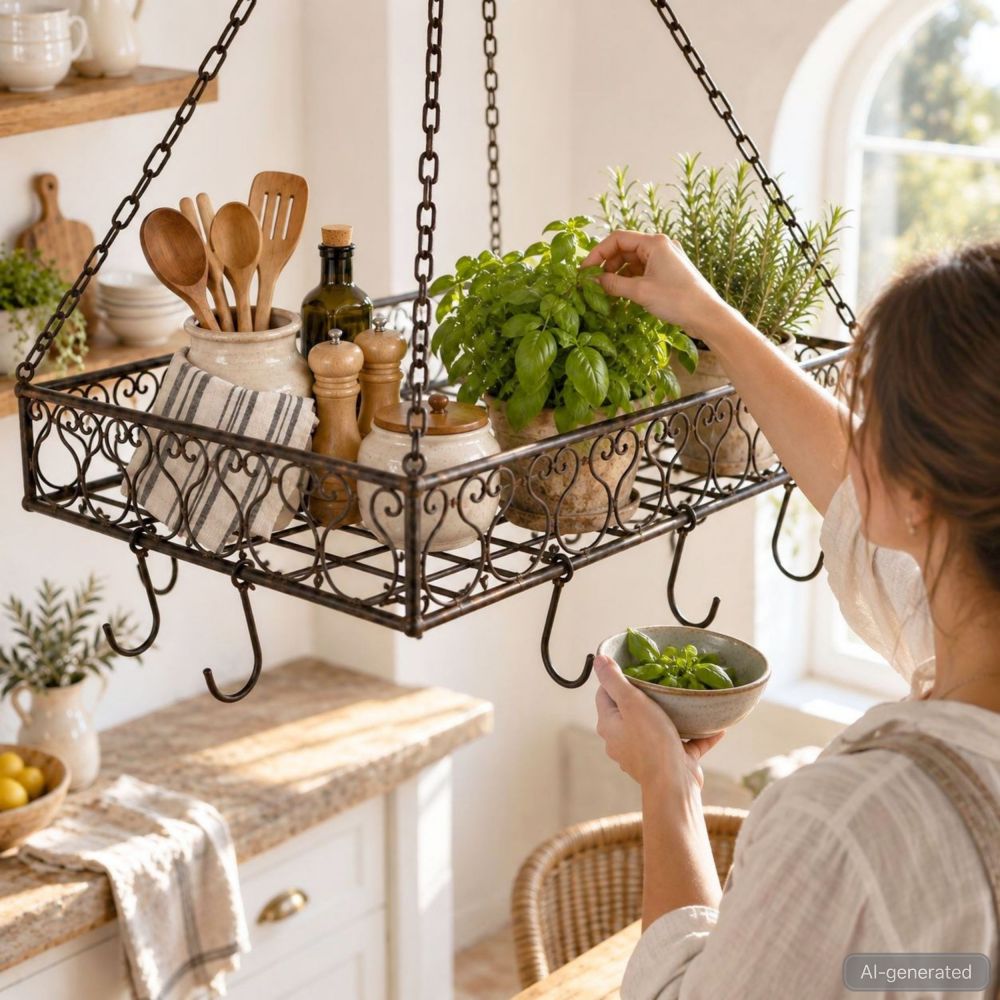 DanDiBo Topfhänger Deckenregal Hängekorb Braun Cocina 65 cm Hängeregal Wurstkrone Korb Küche Regal Küchenkrone