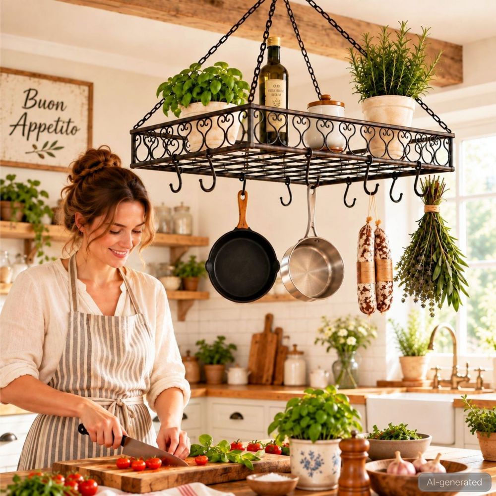 DanDiBo Topfhänger Deckenregal Hängekorb Braun Cocina 65 cm Hängeregal Wurstkrone Korb Küche Regal Küchenkrone