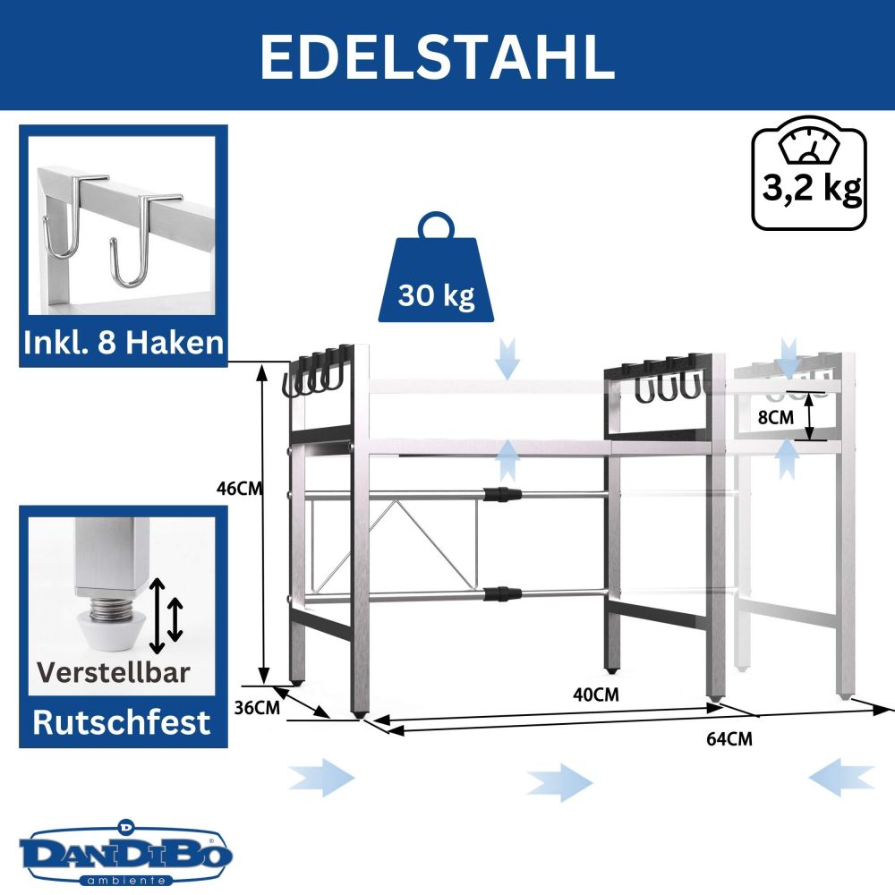 DanDiBo Verstellbares Küchenregal Edelstahl für Arbeitsplatte Stehend 2 Stufig 40-64 cm Regal Küche 96685 Standregal
