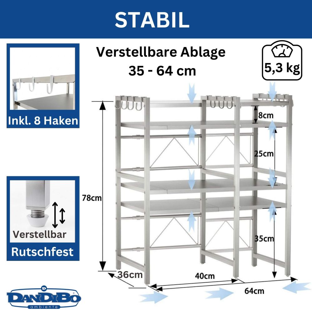 DanDiBo Verstellbares Küchenregal Edelstahl für Arbeitsplatte Stehend 3 Stufig 40-64 cm Regal Küche 96686 Standregal