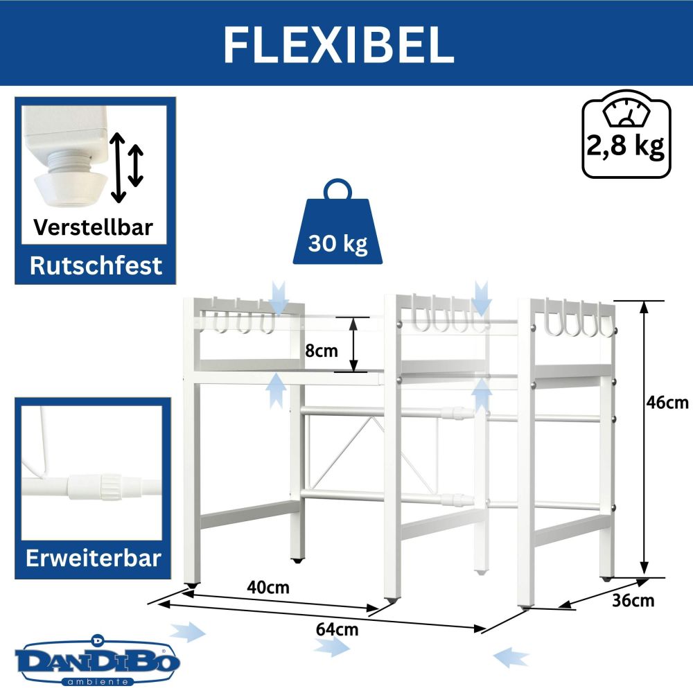 DanDiBo Verstellbares Küchenregal Weiß für Arbeitsplatte Stehend 2 Stufig 40-64 cm Regal Küche 96683 Standregal