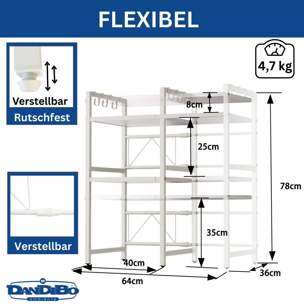 DanDiBo Verstellbares Mikrowellenregal Weiß 3 Stufig 40-64 cm Mikrowellen Regal 96684 Stehend Mikrowellenständer Küchenregal