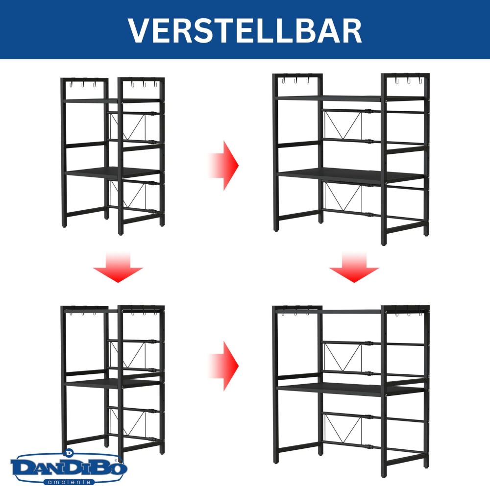 DanDiBo Verstellbares Küchenregal für Arbeitsplatte Schwarz Stehend 3 Stufig 40-64 cm Regal Küche 96614 Standregal