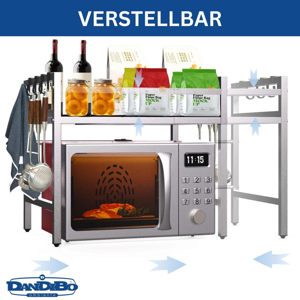 DanDiBo Verstellbares Mikrowellenregal Edelstahl 2 Stufig 40-64 cm Mikrowellen Regal 96685 Stehend Mikrowellenständer Küchenregal