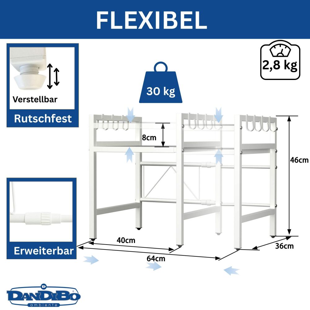 DanDiBo Verstellbares Mikrowellenregal Weiß 2 Stufig 40-64 cm Mikrowellen Regal 96683 Stehend Mikrowellenständer Küchenregal - Kopie