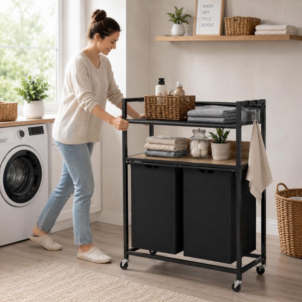 DanDiBo Wäschekorb mit Rollen und 2 Ablage Wäscheregal Wäschesammler 2 Fächer 96698 Wäschebox Regal Wäschetonne Wäschewagen Wäschesortierer Wäschetrenner