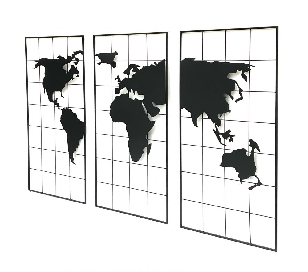 Wanddekoration Weltkarte Metall 170x100 cm Schwarz 3-teilig Dekoschild 210329 Wandbild Weltatlas Dekoration Schild Wand Wandkunst