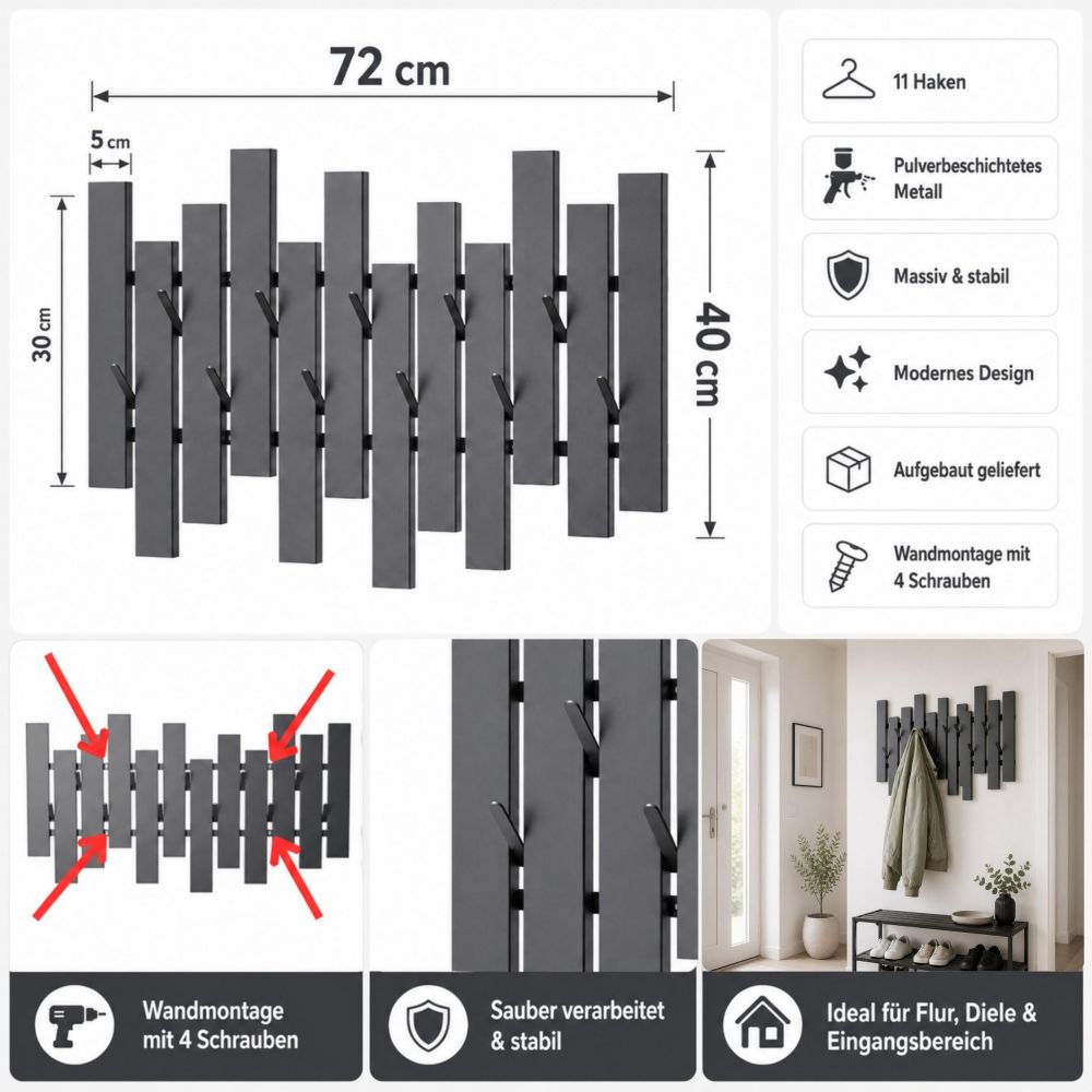 DanDiBo Modern Black Metal Wall Coat Rack 96713 Wall-Mounted Coat Rack with Hooks Hook Rail Coat Hooks