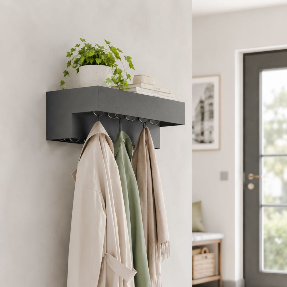 DanDiBo Wandgarderobe mit Ablage 60 cm Metall 96741 Garderobenleiste Hängegarderobe Garderobenhaken Kleiderhaken Garderobe Hängend Modern