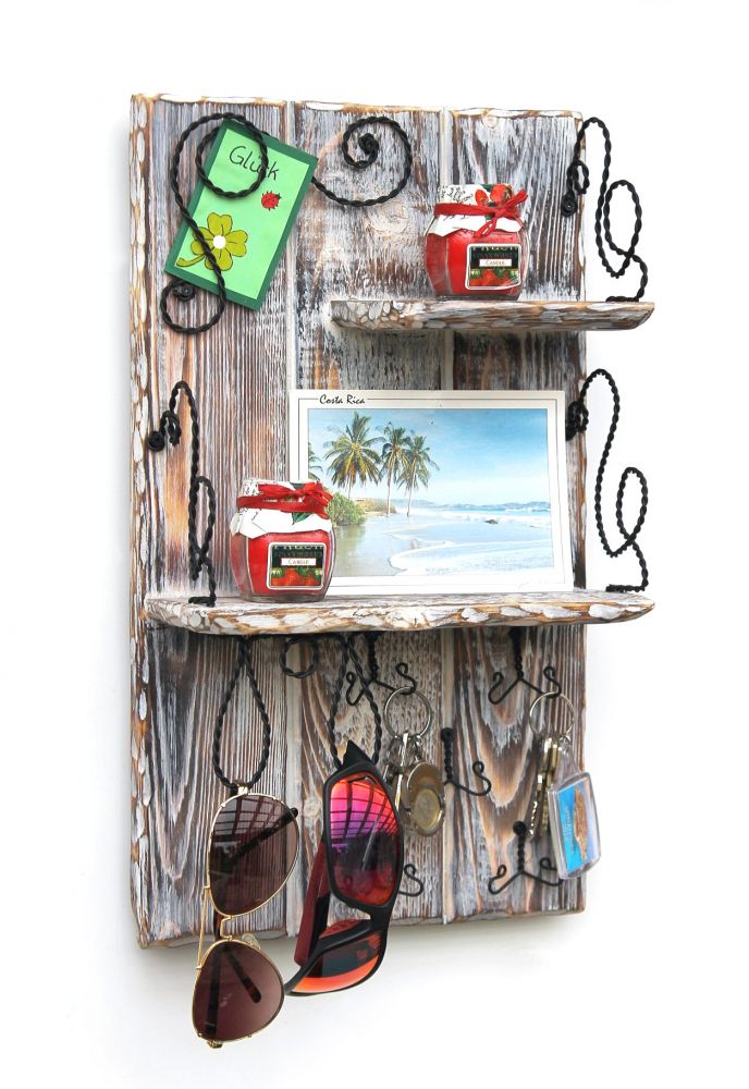 DanDiBo Wandorganizer Holz Weiß Vintage Schlüsselbrett mit Ablage 93909 Schlüsselboard Briefablage Schlüsselkasten Shabby Chic Memoboard Wandregal Schlüsselhaken