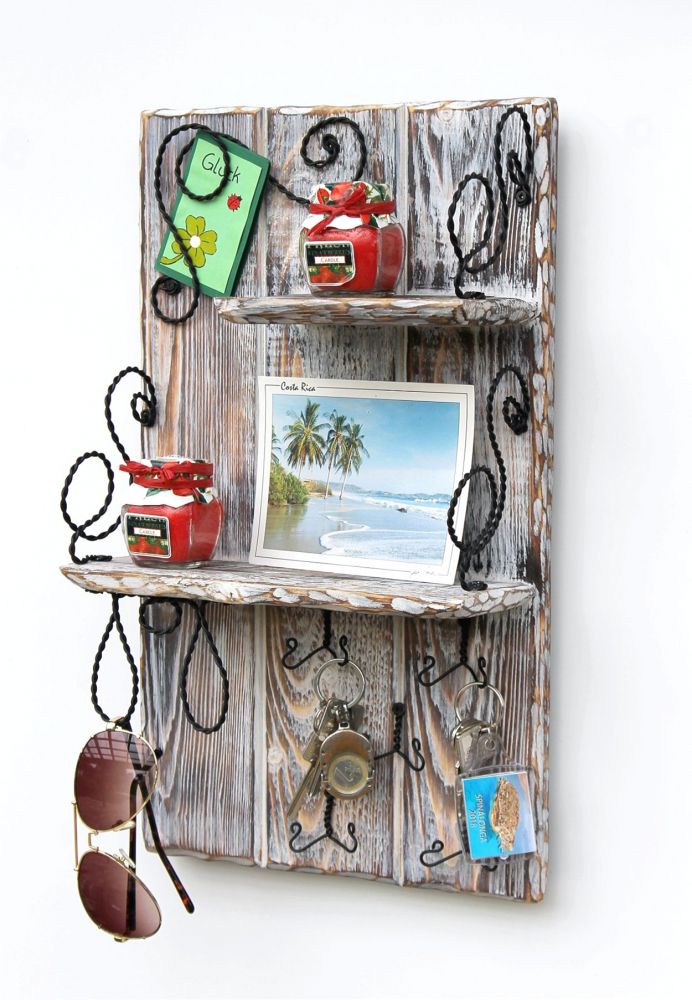 DanDiBo Wandorganizer Holz Weiß Vintage Schlüsselbrett mit Ablage 93909 Schlüsselboard Briefablage Schlüsselkasten Shabby Chic Memoboard Wandregal Schlüsselhaken
