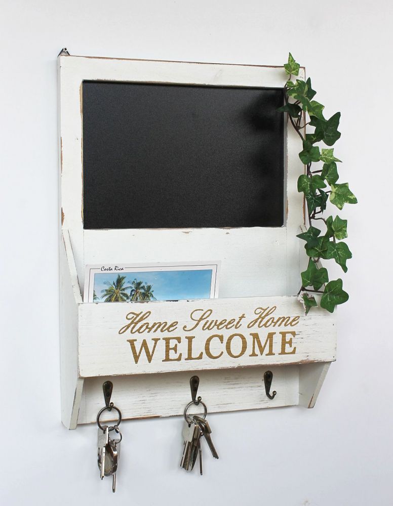 DanDiBo wall organiser vintage key board wood with shelf 93751 white 40 cm key board letter tray chalkboard key box shabby chic memo board